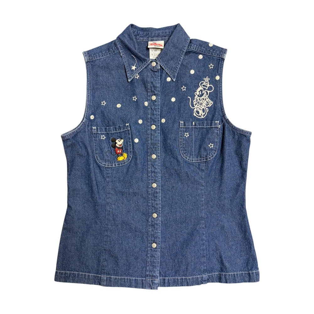 Vintage Disney Store Mickey Minnie Mouse Denim Vest Embroidered Blue Medium